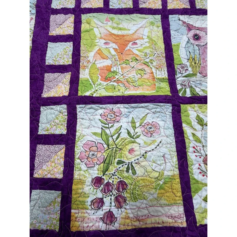 Handmade Woodland Animal Quilted‎ Throw Blanket Purple Cotton 44x45 Fox Owl